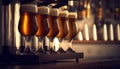 Glasses with different sorts of craft beer on wooden bar. Tap beer in pint glasses arranged in a row Royalty Free Stock Photo