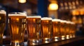 Glasses with different types of beer on bar counter, closeup, Stylish beer glasses full of beer on the bar stand, AI