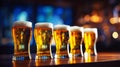 Glasses with different types of beer on bar counter, closeup, Stylish beer glasses full of beer on the bar stand, AI