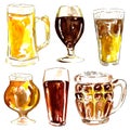 Glasses with diffrent kind of beer, watercolor illustration. October fest icons