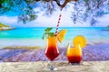 glasses with a drink sex on the beach on the sand and a beach paradise in the background Royalty Free Stock Photo