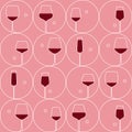 Glasses for drinks, linear icons with wineglasses in a circle. Seamless texture, design element with red grape wine for tasting, m