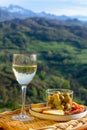 Glasses of dry white wine and spanish tapas olives in bowl with mountains peaks on background in sunny day Royalty Free Stock Photo