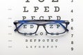 Glasses on an eye check chart Royalty Free Stock Photo