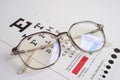 Glasses on eye exam chart to test eyesight accuracy of reading Royalty Free Stock Photo