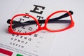 Glasses on eye exam chart to test eyesight accuracy of reading Royalty Free Stock Photo