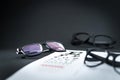 Glasses on eye sight test chart with different spectacle options. Royalty Free Stock Photo