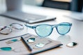 Glasses on an eye test chart with a laptop, vision care, optometry concept Royalty Free Stock Photo