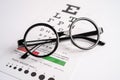 Glasses on eye testing exam chart to check eyesight accuracy of reading Royalty Free Stock Photo