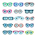 Glasses with eyes vector cartoon eyeglass frame or sunglasses in shapes and accessories for hipsters fashion optical