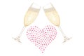 2 glasses filled with champagne united by a heart filled with other transparent hearts - creative illustration for Valentine`s Day