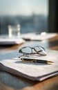 Glasses and fountain pen on stack of documents Royalty Free Stock Photo
