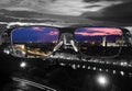 Through glasses frame. Colorful view of Florence night landscape in glasses and monochrome background. Different world perception