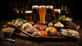 Glasses of fresh and cold beer and food are served on a wooden table with the scene\'s pub backdrop. AI Generated