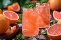 Glasses of fresh grapefruit juice and grapefruits