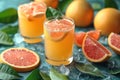 Glasses of fresh grapefruit juice and grapefruits