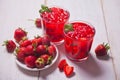 Glasses with fresh homemade strawberry sweet iced tea or cocktail, lemonade with mint. Refreshing cold drink. Summer party Royalty Free Stock Photo