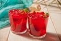 Glasses with fresh homemade strawberry sweet iced tea or cocktail, lemonade with mint. Refreshing cold drink. Summer pool party. Royalty Free Stock Photo