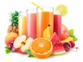 Glasses of fresh juice and pile of fruits