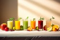 Glasses with fresh juices, well-being, balanced diet nutrient-rich and vitamins. Generative AI