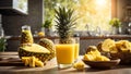 Glasses fresh mango juice, pineapple kitchen background