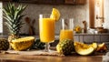 Glasses fresh mango juice, pineapple kitchen background refreshing