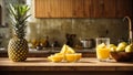 Glasses fresh mango juice, pineapple kitchen background refreshing recipe