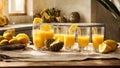 Glasses fresh mango juice, pineapple kitchen background refreshing recipe season