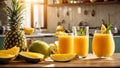 Glasses fresh mango juice, pineapple kitchen party refreshing recipe vitamins tasty