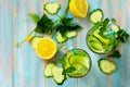 Glasses with fresh organic Cold and refreshing infused detox water with lemon and cucumber Royalty Free Stock Photo