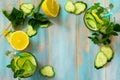 Glasses with fresh organic Cold and refreshing infused detox water with lemon and cucumber Royalty Free Stock Photo