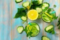 Glasses with fresh organic Cold and refreshing infused detox water with lemon and cucumber Royalty Free Stock Photo