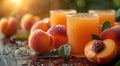 Glasses of fresh peach nectarine juice with fruit halves on table and plantation field background.Macro.AI Generative Royalty Free Stock Photo