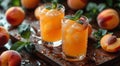 Glasses of fresh peach nectarine juice with fruit halves on table and plantation field background.Macro.AI Generative Royalty Free Stock Photo