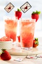 Glasses of fresh strawberry lemonade with bubble pearls, for Valentine's Day. Royalty Free Stock Photo