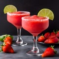 2 glasses of frozen strawberry margarita garnished with a salt rim and a lime slice on dark background. Margarita with crushed ice Royalty Free Stock Photo