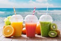 Glasses of fruit juice and smoothie with fresh fruits Royalty Free Stock Photo