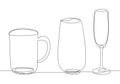 Glasses, glassware for cocktails, juices, alcohol, wine. Vector collection of drinking