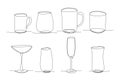 Glasses, glassware for cocktails, juices, alcohol, wine. Vector collection of drinking