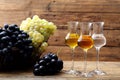 Glasses of grappa on rustic table Royalty Free Stock Photo