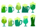 Glasses of green beer icon set isolated on white background. Beer with foam in glasses of various shapes and on a stem. Mugs and