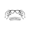 Glasses. Hand. Oculist label logo. Eyeglasses icon. Diagnostic testing center lettering. Vector.