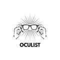 Glasses. Hands. Oculist label logo emblem design. Beams. Hands holding glasses. Vector illustration