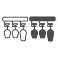 Glasses hanging in bar glass rack, holder line and solid icon, catering concept, clean glasses vector sign on white