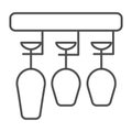 Glasses hanging in bar glass rack, holder thin line icon, catering concept, clean glasses vector sign on white