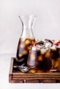 Glasses of Homemade Cold Brew Coffee to Drink for Breakfast on Wooden Tray Summer Beverage with Ice Cubes Decorated with Royalty Free Stock Photo