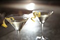 Glasses of lemon drop martini cocktail in bar, closeup. Royalty Free Stock Photo