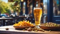 glasses light beer, various snacks table assortment Royalty Free Stock Photo