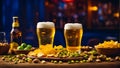 glasses light beer, various snacks on the table refreshment american tasty variety