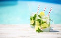 Glasses of lime lemonade near pool Royalty Free Stock Photo